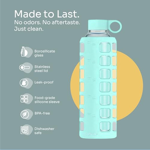 Image of purifyou 40oz / 32oz / 22oz / 12oz Borosilicate Glass Water Bottle with Time & Volume Markers, Silicone Sleeve, Stainless Steel Lid | Reusable Glass Bottle for Water & Juice (32oz Glow-in-the-Dark)