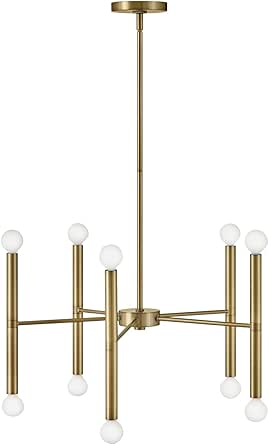 Lark Millie Ten Light Multi-Tier Convertible Chandelier, Midcentury Modern, (5) Double-Ended Candle Socket Rods, Shown with G16.5 Bulbs, Lacquered Brass Finish