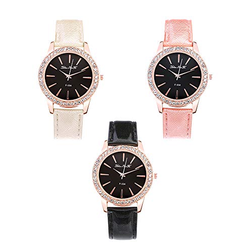 Souarts Damen Armbanduhr Quartzuhr Analog Strass Deko PU Leder Armband Uhr mit Batterie (Weiss+Schwarz+Rosa)