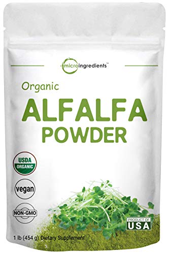 Sustainably US Grown, Organic Alfalfa Powder, 1 Pound (16 Ounce), Contains Immune Vitamin C and Minerals, Best Green Superfoods for Smoothie, Drinks, Beverage and Cookies, Non-GMO and Vegan Friendly