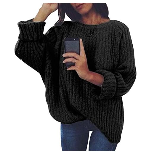 Jersey Punto Mujer Sueter Manga Larga Jerseys Grueso De Señora Oversize Jerséis Largo Jerseis Cuello Redondo Chica Sweaters De Mujer Suéter Pullover Tejido Grueso Anchos Amplio Invierno Negro S