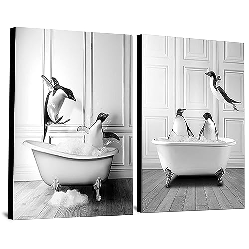 WADBTP Badezimmer Bilder,Schwarz Weiß Bilde,Lustige Tier in der Badewanne Leinwand Bilder für Wohnzimmer Badezimmer Schlafzimmer Dekor-Rahmenlos (2pcs-DW1,2pcs-20x30cm)