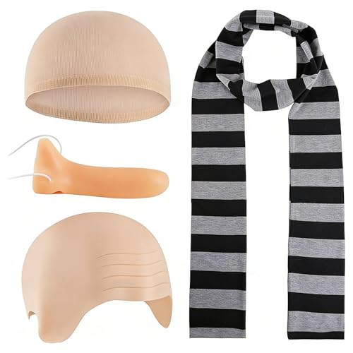 TXUJZP 4 Stück Karneval kostüm Herren Glatzenkappe mit Schal Langer Nase und Haarnetz Karneval Fasching Zubehör für Halloween Kostüm Cosplay
