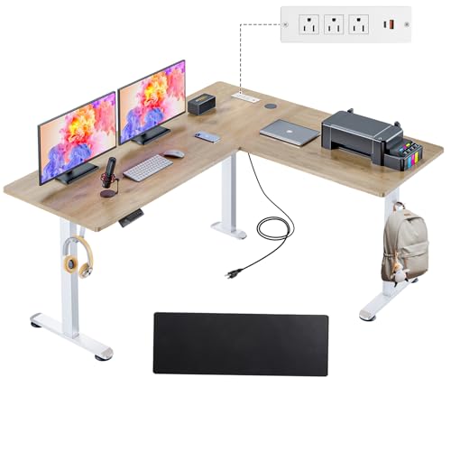 Legooin 63x5in L Shaped Standing Desk with Outlets & Mouse Pad, Oak Grey