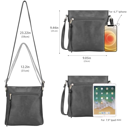 DOB SECHS Umhängetasche aus weichem PU-Leder für Damen, Klein Handtasche mit mehreren Taschen, Crossbody Bag Tasche Schultertasche mit verstellbarer Schultergurt, Grau