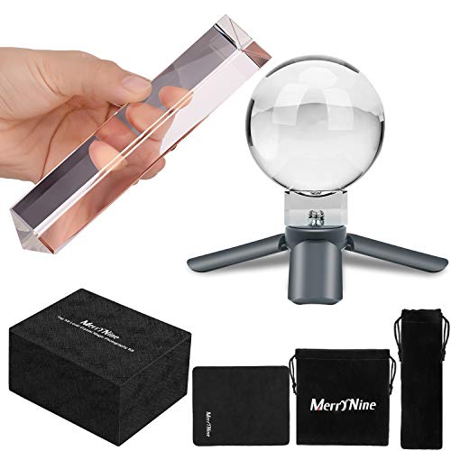 MerryNine 2 Pack K9 Optical Crystal Photography Kits, 80MM Lens Crystal Ball and 150MM Prism with Pouch and Mini Tripod for Photography Teaching Light Spectrum Physics and Photo Prism Art Decor