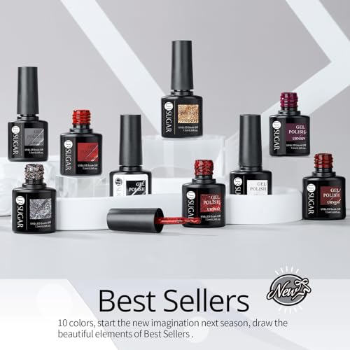 UR SUGAR Black White Red Gel Nail Polish Set, 10 Colors Burgundy Grey White Black Red Glitter Sliver Gold Glitter Polish Set for All Seasons Soak Off Gel Nail Manicure Gifts Set for Women