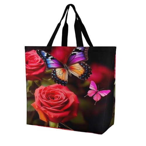 Women's Multi-Functional Shopping Bag，Butterfly And Rose Printing Messenger Bag Shoulder Bag for Travel, Work, Shopping & Parties with Inner Pocket, Grocery Bag Lightweight & Water-Resistant