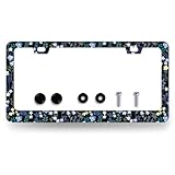 Folk Blue Flowers License Plate Frame Floral License Plate Stainless Steel Colorful Accessories Cars Decor 12.3 X 6.3 Inch with Holes and Screws Fits Standard Us Canada Vehicles