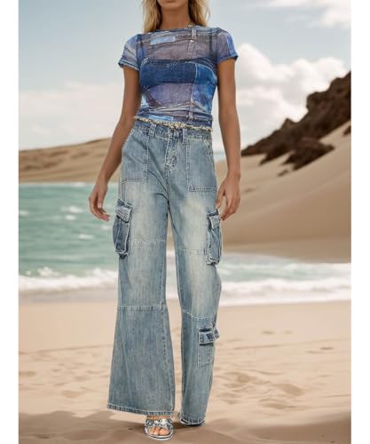 Women's High Waisted Vintage Stretchy Washed Bootcut Wide Leg Jeans Cargo Baggy Straight Denim Pants2