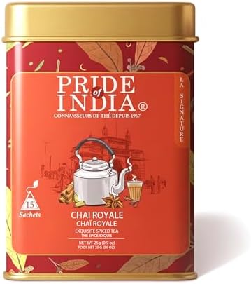 Pride of India | Chai Royale Exquisite Spiced Tea 1 oz (28.3 gm) | 15 Pyramid Full Leaf Individually Wrapped Tea Bags | 100% Natural Blend of Black Tea & Spices |Bold & Spicy Flavor