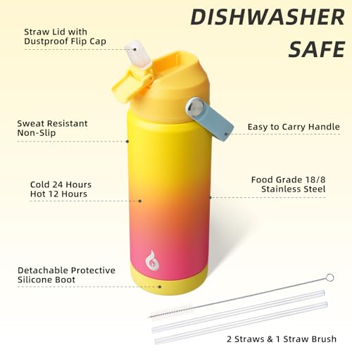 Image of BJPKPK Insulated Water Bottle with Straw Lid, 18oz Thermo Water Bottles with Soft Nozzle, Flex Handle & Non-slip Boot, BPA Free Leak Proof Stainless Steel Metal Thermo, Tumblers, Cups,Rainbow