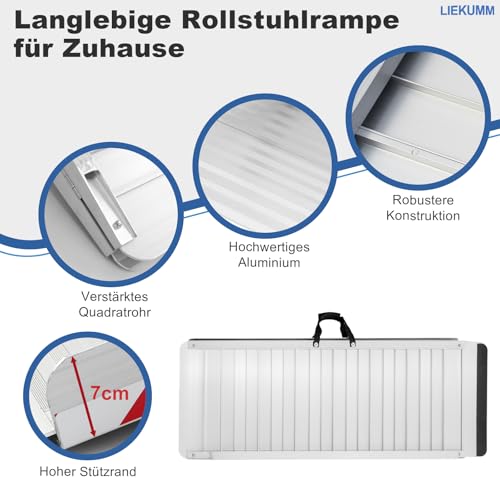LIEKUMM Rollstuhlrampe 127 cm, 85 cm Verbreitert Rollstuhlrampe für Treppen, 400 kg Tragkraft Aluminium Rampe für Rollstuhl, Stufen, Bordsteine, Schwellenrampe für Elektro-Rollstuhl, Kinderwagen