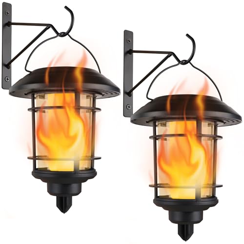 Dynaming Solar Flame Wall Lanterns, Outdoor Solar Wall Hanging Lights, Flickering Flame LED Lights Auto On/Off Wall Mounted Sconce Lights with Hooks, Waterproof for Garage Stair Patio Porch, 2 Pack