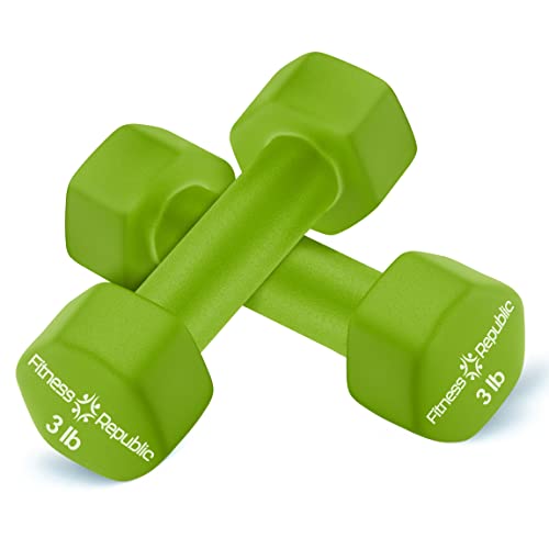 Fitness Republic 3LB Neoprene Workout Dumbbells Set of 2 - Non Slip, Anti Roll Exercise & Fitness Dumbbells - Hex Shaped Hand weights for Men & Women - Ideal for Home and Gyms training