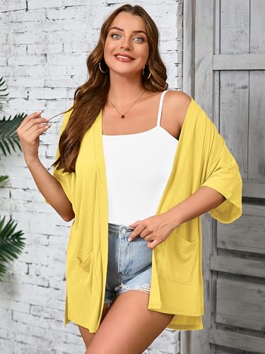 Image of AusLook Plus Size Cardigan for Women Short Sleeve Lightweight Open Front Shrug with Pockets for Dresses and Layering 1X-5X
