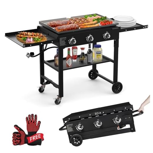 BESTFIRE Foldable Flat Top Grill, Outdoor Griddle-3 Burner Propane Griddle with Two Foldable Shelves,36" Flat Grills Outdoor-45,000 BTU Gas Grill for BBQ& Outdoor Cooking,Black