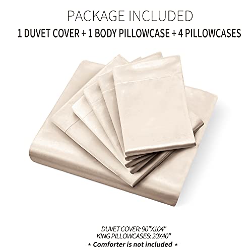 Image of Ersmak 6 Pieces Satin Duvet Cover King Size Luxury Silky Bedding Duvet Cover Set with 1 Soft Duvet Cover, 4 King Pillowcases and 1 Body Pillowcase, Beige