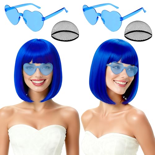 Image of 2 Pack Royal Blue Bob Wigs with Heart Sunglasses for Women Men, Neon Short Straight Bobs Funny Colorful Wigs with Hair Cap for Bachelorette Party Fancy Dress Christmas Halloween Costume