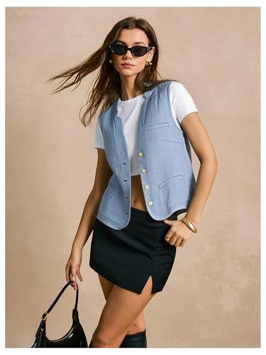 OYOANGLE Women's Button Down Linen Vest Top Sleeveless V Neck Lightweight Vest Jacket3