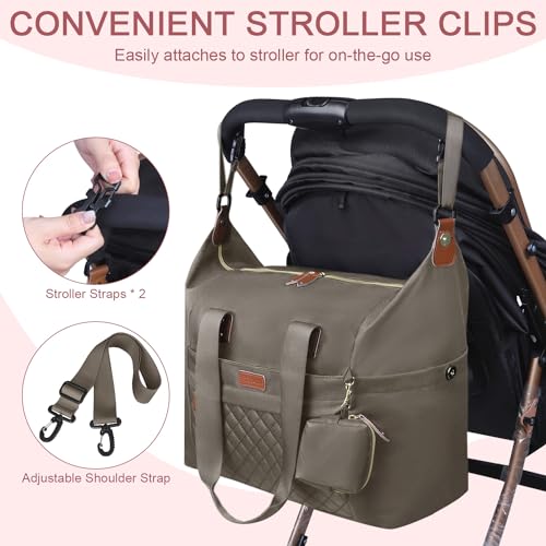 Image of Pritent Diaper Bag Tote, Diaper Baby Bags with Pacifier Case, Shoulder Straps, Stroller Clips, Waterproof Large Mommy Maternity Travel Baby Bag for Mom and Dad, khaki, Medium