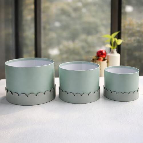 Image of Oasis Pack of 3 Premium Round Gift & Flower Hamper Boxes With Scalloped Lid | Classic Bouquet Box for Flower Arrangements & Gift Hampers | Decorative Gift Packaging Box With Waterproof Liner - Baby Blue & Grey