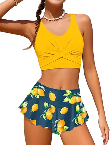 Image of Qaoerde Girls Swimsuit Tropical Print Bikini Set with Ruffle Hem Two Piece Criss Cross Bathing Suits for Girls 7-16 Years