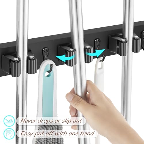 Image of OUTNILI Black Mop Broom Holder Wall Mount with 3 Slots & 4 Hooks - Wood Broom Mop Hanger for Pantry Kitchen Organization - Garden Tool Organizer for Closet Laundry Room