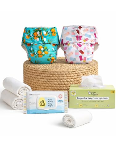 Image of SuperBottoms BASIC Cloth Diaper Starter Kit - Washable Reusable Baby Diaper with Quick Dry Pads, Universal Booster, 100 Disposable Diaper Liners & 99% Pure Water Baby Wipes (pack of 40) | 3m - 3y