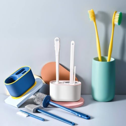 Image of Toilet Brush and Holder Set, Long Handle Toilet Brush Set Deep Cleansing Multifunctional Hanging for Bathroom (Pink)