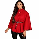 LUXFAB Winter Coats for Women – Elegant Wool Blend Poncho Cape Jacket with Belt, Batwing Sleeves, Stand Collar, Stylish Outerwear One Size (UK, Alpha, One Size, Regular, Regular, Red)