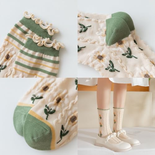 Image of HOMSSEM Floral Crew Socks - 5Pair Flower Graphic Soft Cotton Socks for Women, Teen Girls - for Sandals, - Cute Vibrant Colors