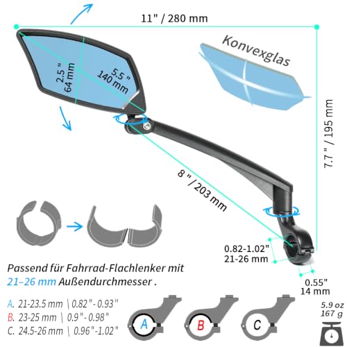 BriskMore Lenker Fahrradspiegel, Anti-Glare blaue konvexe Glaslinse für flache Lenker, kratzfest… – Ansicht 5
