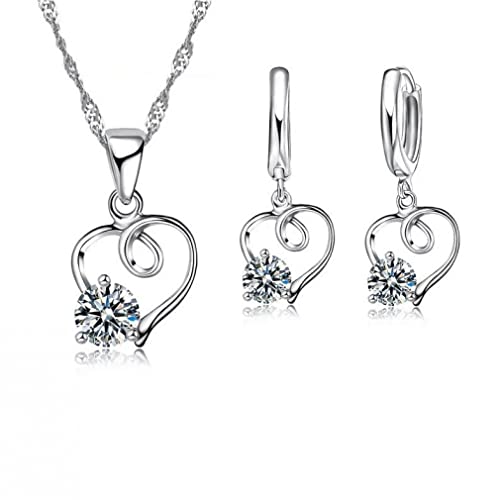 Collier cœur argent 925 et boucles d'oreilles diamant rond pour femme