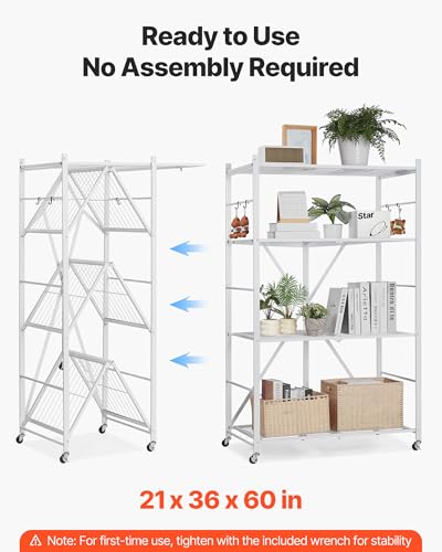 Image of VEVOR 4-Tier Foldable Storage Shelf, 36W x 21D x 60 H Inch Folding Metal Rack Shelving Unit, No Assembly Organizer Shelf with 5 Wheels & 4 Hooks for Pantry, Kitchen, Garage, Basement, White