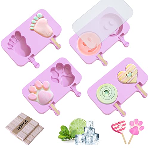 4 Moldes de Helado de Silicona, Moldes Helados Magnum Grandes con Tapas, Moldes Paletas Reutilizables de Silicona Moradas, Moldes Palos con 100 Palos de Madera, para Niños y Adultos Cover