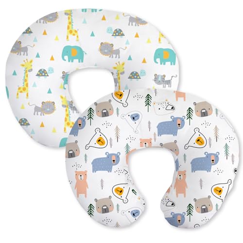 Image of Little Grape Land Nursing Pillow Covers 2 Pack, Soft & Breathable Removable Breastfeeding Pillows Covers for Feeding Pillows, Nursing Pillow Slipcover for Baby Girls Boys, (Animal & Bear