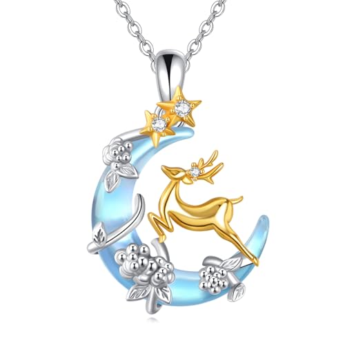 Collier renne en pierre de lune et pendentif croissant de lune argenté pour femme