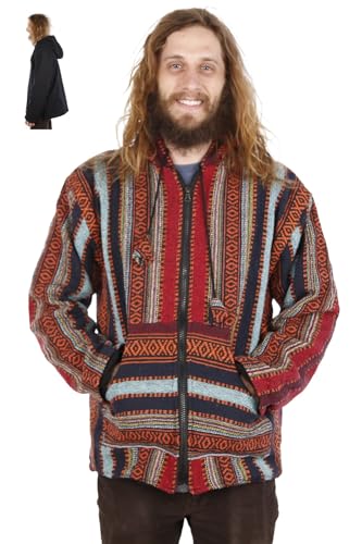 Sunshine Joy Reversible Fleece Lined Woven Baja Style Zip Up Hoodie Hooded Jacket - Brick Stripe