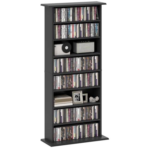 HOMCOM Mobile Porta CD con 6 Ripiani Regolabili, Scaffale Porta 360 CD/185 DVD Salvaspazio in Legno, Mobile Portacd con 8 Scomparti, per Soggiorno Camera da Letto Ufficio, 58x24x126.3 cm, Nero