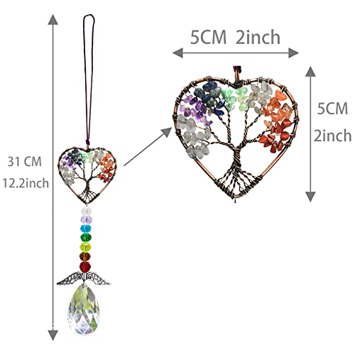 Peili Healing Crystal Decor Tree of Life Car Hanging Accessories Suncatcher with Wings 7 Chakras Window Hanging Decor Meditation Ornaments Home Decoration (colorful heart)