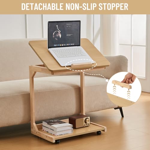 Image of Uniclinens Rolling Side Table Desk Sofa - C Shape Couch End Table with Wheels, Mobile Wooden Slim Sofa Tray, Movable Small Couch Desk for Living Room Bedroom, Natural