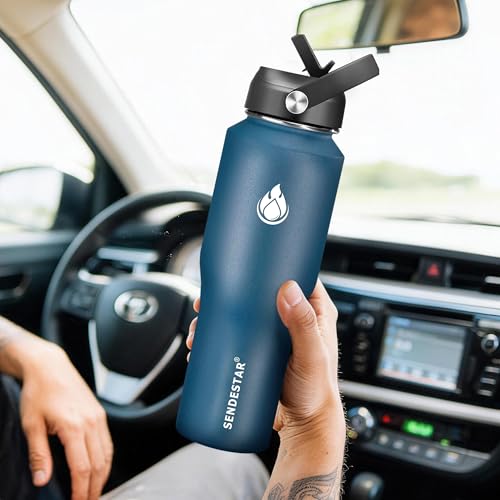 Image of SENDESTAR Water Bottle 32oz,2 Lids(Straw lid),Wide Mouth Stainless Steel Vacuum Insulated Double Wall Keep Liquids Cold or Hot All Day,Sweat Proof Sport Design,Fit Car Cup Holder(Cobalt)