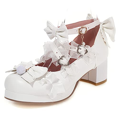 Mary Janes plateforme pour femme Lizoleor en blanc taille 40 EU avec talon carré et ruffes élégants