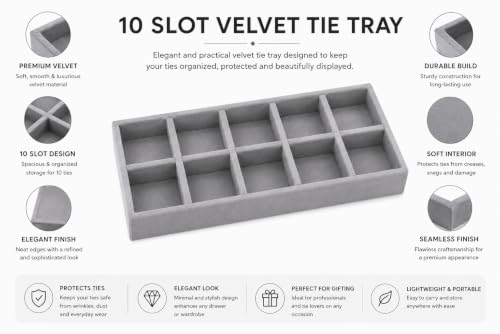 Image of 10 Slot Tie Organizer Tray for Ties and Accessories, Grey | Closet drawer storage tray with dividers for ties, socks, handkerchiefs, belts, watches and small accessories arranged neatly