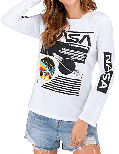 WLLW Women Long Sleeve Crew Neck NASA Letter Print Shirt Tops Blouse Sweatshirt (2XL, White)