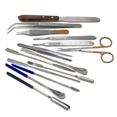 14Pcs Laboratory Sampling Stainless Steel Lab Spatulas Micro Scoop Spoon Kit with Forceps, Dissecting Scissors, Graduated Scalpel Handles, Multipurpose Science Experiment Supplies for Schools