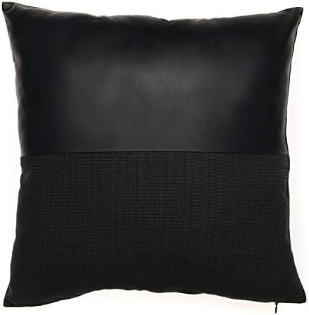 Genuine Leather Throw Pillow Cover | Sheepskin Lambskin Cushion Case| 16"x16" | Elegant, Luxury, Modern Home Decor, Accessory | For Couch, Sofa (Half Leather Half Cotton-Cold Black)