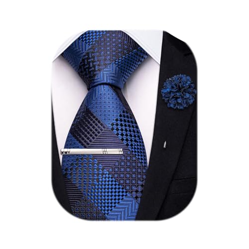 Image of Hi-Tie 63 inches Striped Paisley Extra Long Ties for Men Silk Necktie with Lapel Pin Tie Clip Big and Tall Men Formal Wedding