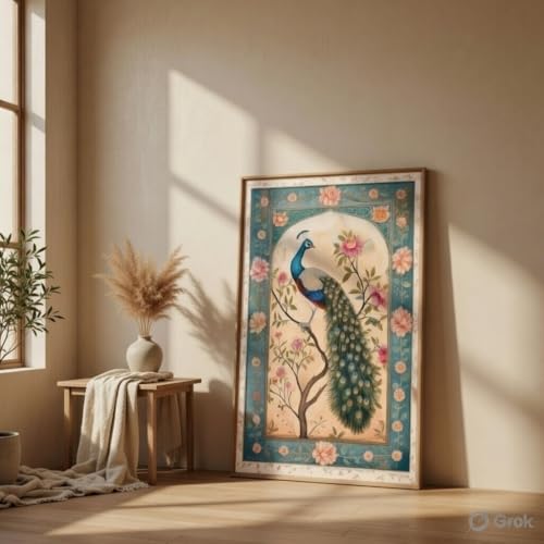 Image of Livin'luxe Peacock Floral Wall Painting with Wooden Frame | Vintage Bird Art HD UV Laminated MDF Wall Decor | Elegant Nature Artwork for Living Room Bedroom Office Home Decoration